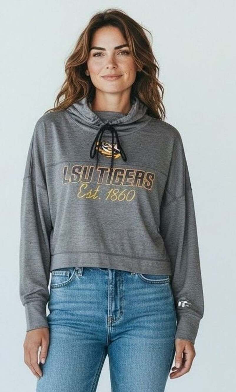 Russell LSU Tigers Hoodie Size L (12-14) Gray Cropped